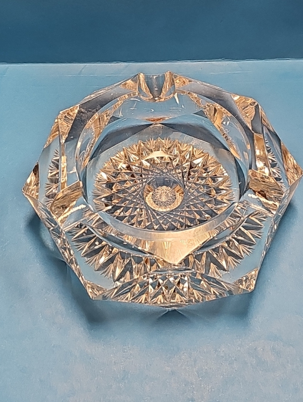 Vintage Crystal Cut Ashtray Heavy Glass with Starburst Pattern